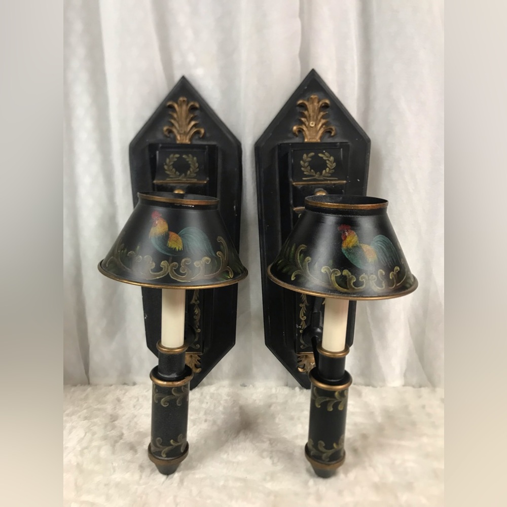 ~SOLD~ Jeanne Reeds Ltd Country French Rooster Toile Metal Wall Sconces